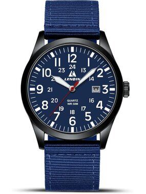 LN LENQIN Men's Blue Classic Military Analog Quartz Waterproof Nylon Band Watch